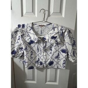 Bailey Rose Ladies Medium Crop Top Blouse Seashell Mermaid Blue White